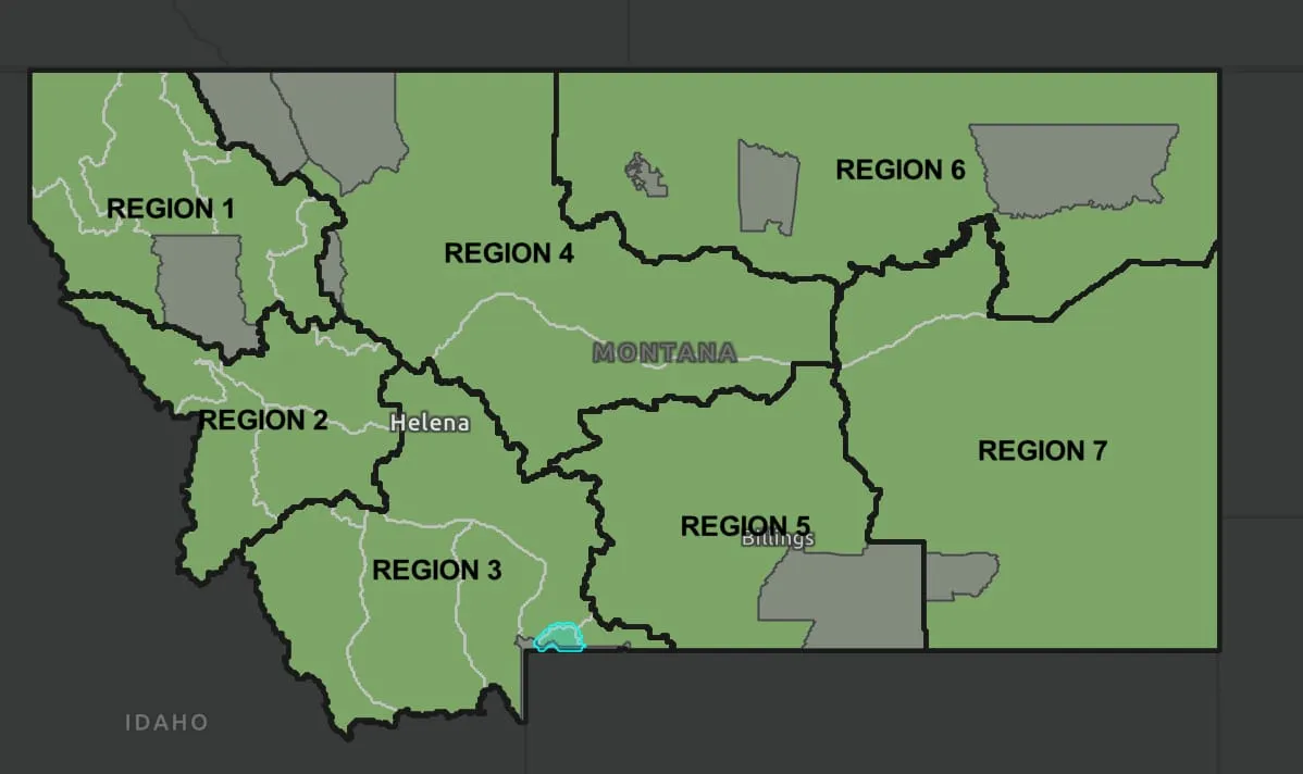 Montana map of FWP Regions 1 through 7, with a small highlighted area on the Yellowstone border in southern Region 3.